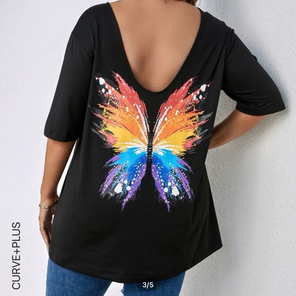 Plus Butterfly Print Drop Shoulder Tee